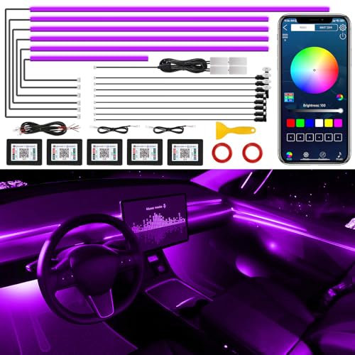 Acrylic Interior Car LED Strip Light with Wireless APP, Car Accessories 18 in 1 with 175 inches 593 LEDs Fiber Optic Car Ambient Lighting Kits, RGB Dynamic Music Sync Neon LED Strip Light for Car