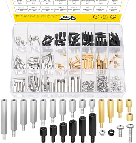 Mardatt 256 Stück M3 Hex Abstandshalter Distanzhülsen, Messing Hex Abstandshalter Schraube Mutter Sortiment Kit, metrische Male-Female Threaded Hex Abstandshalter für die Befestigung von Leiterplatte