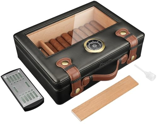 FANKAI Humidificador de puros, caja de puros con higrómetro humidificador y divisor, caja de almacenamiento de madera de cedro con tapa de cristal para 30 piezas - 50 puros, accesorios de viaje para