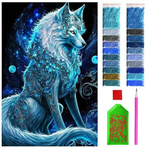ARTULIO Diamond Painting Set - Blauer Wolf vor Weltraumhintergrund - 40x60 cm - Groß XXL - 5D Diamant Painting Bilder DIY, Diamond Painting Erwachsene