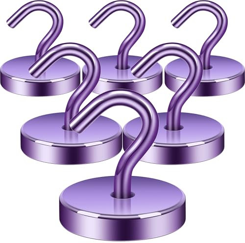 Neosmuk Magnetic Hooks, 120lb Extra Strong Magnet with Hook for Fridge,Heavy Duty Cruise Hook for Ceiling,Small Magnetic Holder for Van, Tool(Purple, Pack of 6)