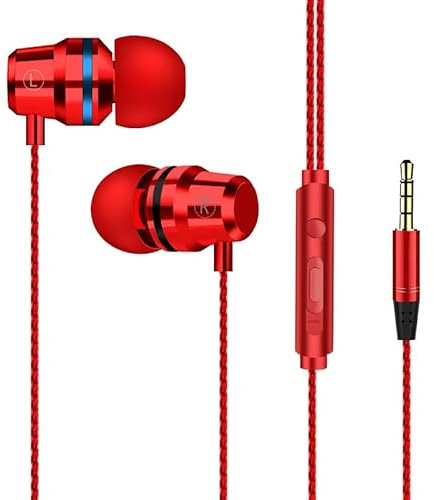 3.5mm Noise Canceling Headphone Wired Headphones Bass Hifi Wired Earphone Earbuds Stereo Mic Earphone with Wire,Earphones Noodles Headsets Sport Earbuds In-line Control For Phones(Red)