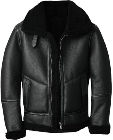 ZM ATTIRE Herren B3-Bomberjacke aus Lammfell, schwarz, Ledermantel, Kunstleder - B3, S
