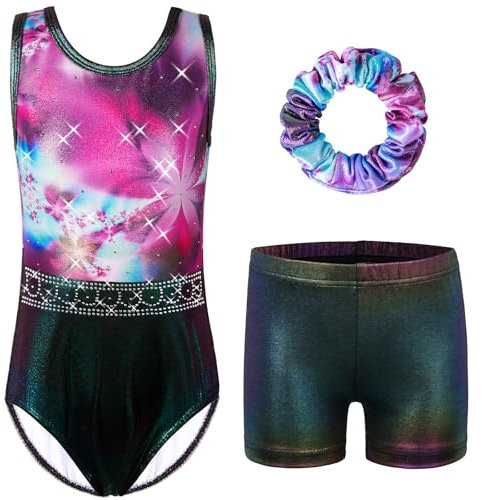 HUAANIUE Mädchen Kinder Gymnastikanzug Set Trikot + Shorts + Haarschmuck Ärmelloser Tanzanzug 3-14 Jahre (KHB373-Weiß Rot, 9-10 Jahre)