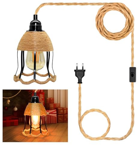 Hanfsei Hängelampe Kit mit Stecker, E27 Lampenfassung mit 510CM Hanfseil Kabel und Blumen Form Metall Lampenschirm, Fassung Lampenkabel mit Schalter, Pendelleuchte mit Stecker, Keine Glühbirne