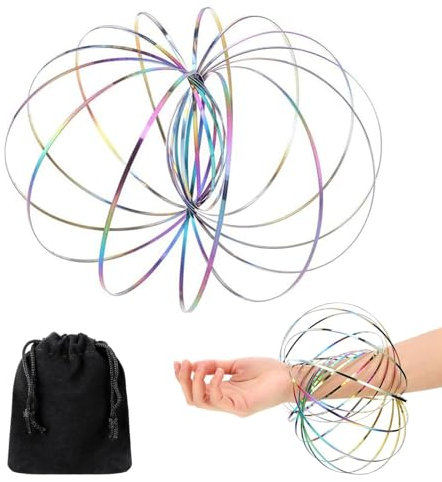 Durchflussringe Spielzeug, Edelstahl Magische Spirale, Magic Hand Ring, Multisensorisch Pädagogisch und Interaktiv Spielzeug, Antistress Spielzeug mit Schwarz Samtbeutel, 3D Arm Feder Flow Ringe, Bunt