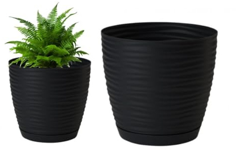 DomoDomo Plastik Topf mit Untersetzer, schwarz, 19x17,3 cm – Eleganter Blumentopf, stilvolle Dekorationsidee, hochwertige Inneneinrichtung