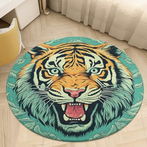 Runder Teppich mit Tigerkopf-Muster, 90 x 90 cm, rund, Korallen-Samt-Teppich, waschbar, für drinnen und draußen, Bauernhaus, Haustürmatte, rutschfest, saugfähig, Teppich für Schlafzimmer, Küche