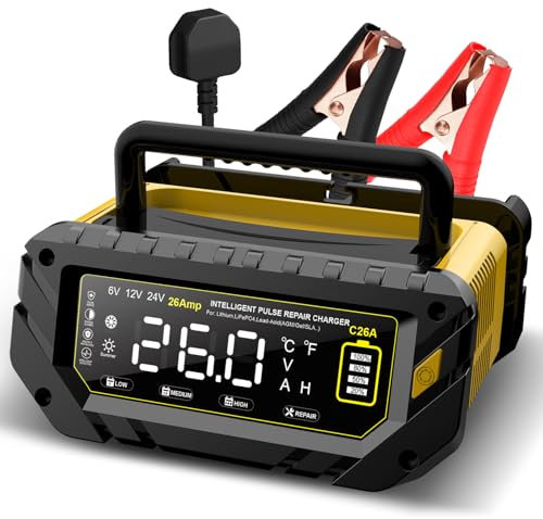 6V/12V/24V Autobatterie Ladegerät, 26A Ladegeräte für Autobatterien, Batterieladegerät KFZ für Auto, Motorrad, Rasenmäher, Boot, Lithium, LiFePO4 und Blei-Säure