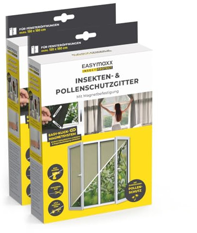 EASYmaxx Moustiquaire de fenêtre avec Protection Contre Le Pollen & Magic Click | Peut être découpée pour des fenêtres jusqu'à 150x180cm | Montage Facile avec 12 aimants - Pas de perçage [2 Pièces]