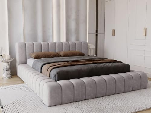 GRAINGOLD Italia Bett 140x200, Polsterbett mit Bettkasten, Polsterbett mit Stauraum, Samt Stoff, mit Lattenrost, mit Kopfteil, ohne Matratze (Grau, 140x200)