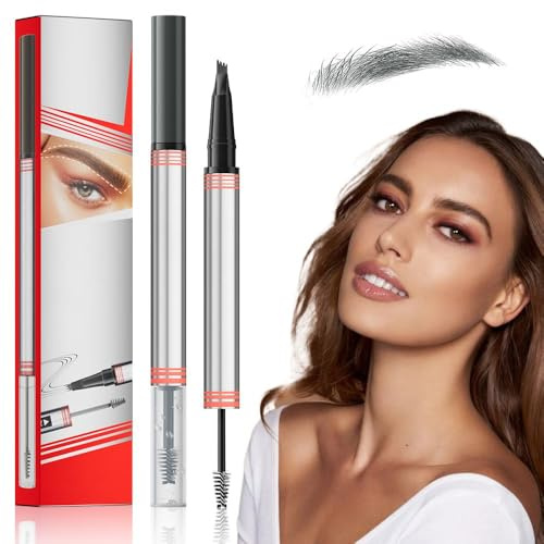 2025 Neu 2In1 Augenbrauenstift mit Gel, Microblading Augenbrauenstift mit 4 Gabelspitzen, 2-in-1 Brow Pen and Sealing Brow Gel Wasserfester AugenbrauenStift Magischer Eyebrow Pencil (Grau#03)