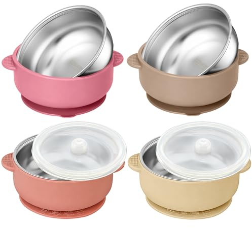 SonPen 4 Stück Edelstahl Baby Schüssel mit Groß Saugnapf, 2 in 1 Breischale Baby mit Abnehmbar Silikonhülle, Rutschfeste Breischale Kinderschüssel BPA-frei für Kinder Kleinkinder ab 6 Monaten(Rosa)