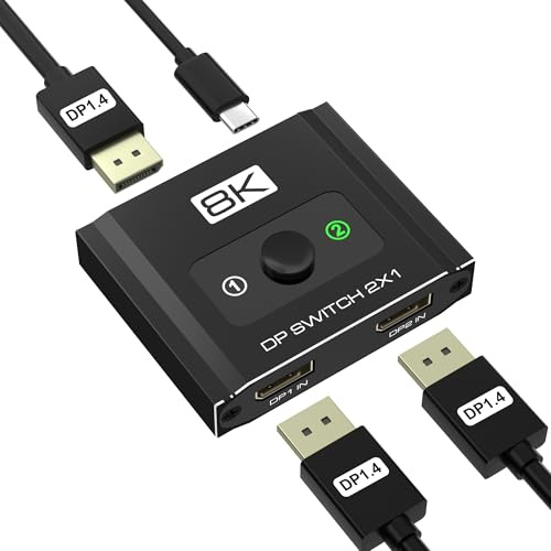 2 in 1 DisplayPort Switch, 8K@60Hz DP 1.4, One Way Display Port Selector for Two PC and Gaming Consoles, 4K@144Hz DP Switch with DSC Support (DP Cables No