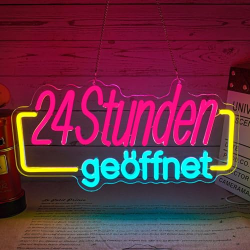 Flixyticy 24 Stunden geöffnet Neon Schild Open 24 hours Leuchtreklame | LED Leuchtschild Hängeschild für Geschäfte,Apotheke,Spätkauf Türschild
