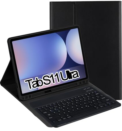 SUEEWE Tastatur mit Hülle für Samsung Galaxy Tab S11 Ultra 14,6 2025, TPU Rückseite Hülle mit Magnetisch Abnehmbarer QWERTZ Tastatur, Schwarz