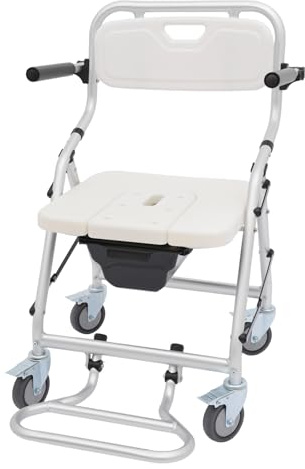 3 in 1 Duschstuhl Rollstuhl Toilettenstuhl mit Rollen klappbarer für Senioren bis 150 kg Toilettenrollstuhl mit Armlehne,Rückenlehne und Toiletteneimer stabil & sicher WC Duschstuhlsitz