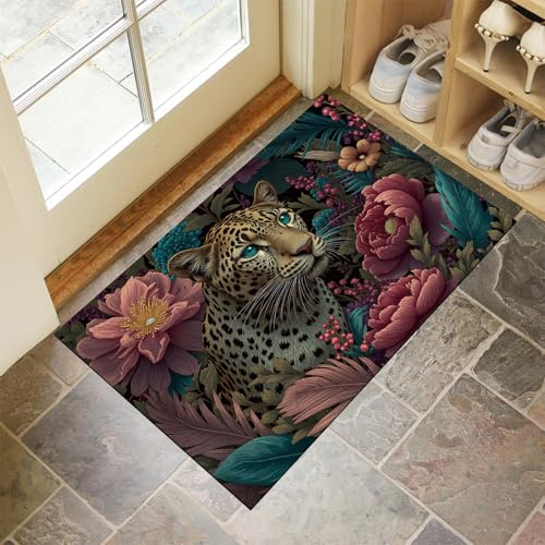 GDJSMIN Wildtier-Thema Fußmatte, Leopard Blumenmuster Türmatte, Teppich Eingangsbereich, Fußmatte 45 x 75 cm, für Eingangsbereich, Schlafzimmer, Arbeitszimmer(Braun)