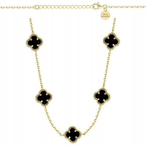 ZELYA Damen Halskette vergoldet Silber 925/585 – feine Ankerkette 44–49 cm mit schwarzen Kleeblatt Anhängern, Glücks Schmuck, Goldoptik Geschenk Gravur gold kette
