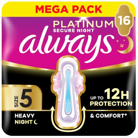 Always Platinum Secure Night Extra (Size 5) Sanitary Towels with Wings 16 Pads