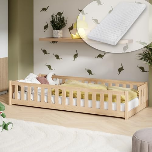 Kids Collective Kinderbett Bodenbett mit Rausfallschutz Lattenrost und Matratze Montessori Bett Bed Gitterbett Kinder Jugendbett Einzelbett | 80x160 cm | Natur
