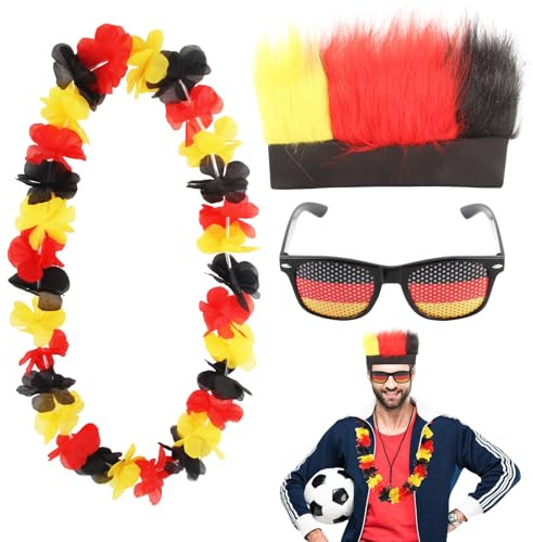 LEIMEND 3 Stück Deutschland Fanartikel Deutschland Perücke Sonnenbrille | 1 Stk Deutschland Perücke + 1 Stk Sonnenbrille + 1 Stk Blumenkette Fussball EM 2026 Fan für Europameisterschaft Fanartikel