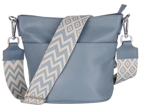 MIRROSI Damen Umhängetasche, Crossbody Bag, Echtleder I Made in Italy (1 Tasche 1 oder 2 Gurt(e)), 24x18x12cm (BXHXT) Mittelgroß (Upgrade Version (mit 2 Gurte): Jeansblau Boho)