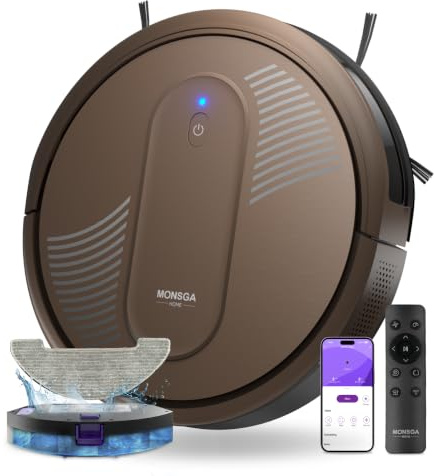 MONSGA Saugroboter mit Wischfunktion 4000PA, Saug und Wischroboter 3 in 1,140Min Laufzeit, 2 Bürsten,Staubsauger Roboter mit Auto-Teppich-Boost für Tierhaare Teppich Böden, APP Steuerung(kaffeebraun)