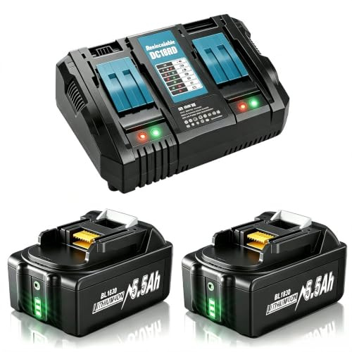 2 Pack 5500mAh Replacement Batteries for Makita 18V + 6A Dual Port Charger | Compatible with Makita BL1860B BL1860 BL1850 BL1830B BL1830 BL1840 BL1820 BL1835 BL1845 & 18V LXT Cordless Tools