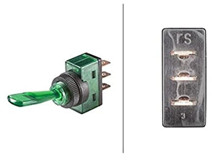 HELLA 6EG 001 567-112 Schalter - S09 - Kippbetätigung - Anschlussanzahl: 3 - geschraubt - Ein/Aus Schalter - Bohrung-Ø: 12.5mm - Schalterbeleuchtung: grün