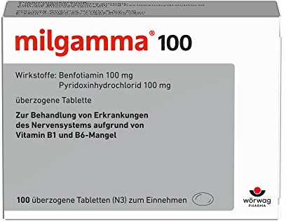 milgamma® 100 mg Benfotiamin (Vitamin B1) + 100 mg Vitamin B6, 100 Stk. | Bei Neuropathien & Nervenschmerzen durch Vitamin-B1-/B6-Mangel, 1x täglich, hohe Bioverfügbarkeit*, laktosefrei & glutenfrei