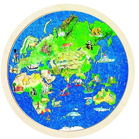 goki 57666 - Einlegepuzzle Weltkugel aus Holz, Holzpuzzle mit Menschen & Tieren der Erde, Lernspielzeug und Kinderpuzzle, fördert Fantasie und Motorik, 30cm x 30cm, 57er Set, ab 6 Jahre