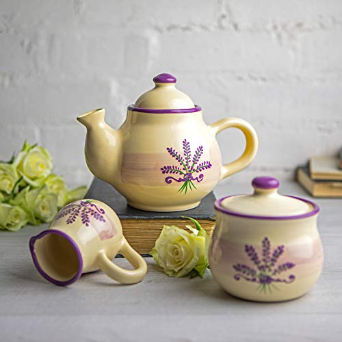 City to Cottage® - Kleines Tee Kaffee Set | Lavendel Motiv | Handgemacht | Keramik Teekanne Kaffeekanne 750 ml, Milchkännchen, Zuckerdose