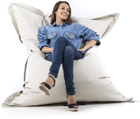 LIVEDECO - Pouf Géant Beige BiG52 Classic 170x130 cm - Déhoussable, Intérieur/Extérieur, Rempli de Billes de Polystyrène