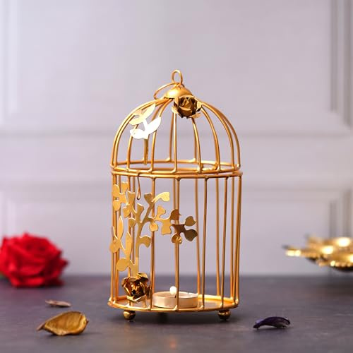 WebelKart Teelichthalter aus Metall mit Vogelkäfig mit Blumenranke für Zuhause (Gold)