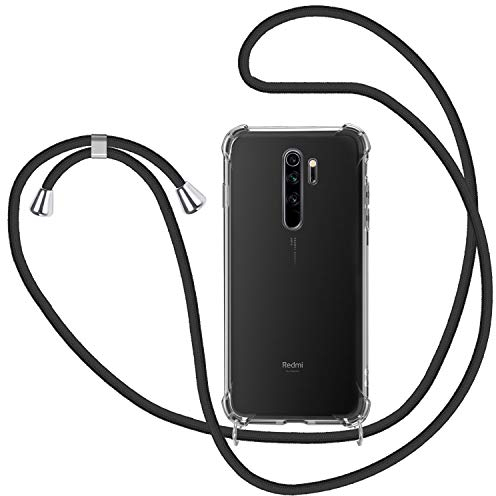 Handykette für Xiaomi Redmi Note 8 Pro Hülle mit Band, Transparent Silikon Handyhülle mit Kordel zum Umhängen Schutzhülle, Schwarz