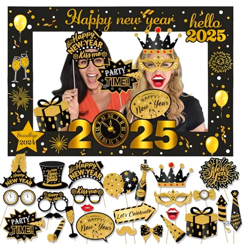 HOWAF 26pcs Silvester Foto Requisiten mit 90X60CM XXL Silvester Fotorahmen Bilderrahmen Neujahr Photo Booth Props Fotobox Accessoires Silvester Party Zubehör für Neujahrsdeko Silvester Deko 2025
