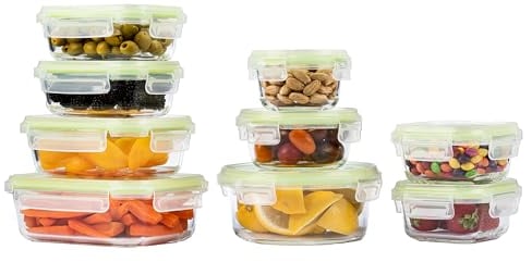 Home Fleek Recipientes de cristal para alimentos Hermeticos Con Tapa - Tapers Para Comida Hermetico, Ahorro De Espacio Recipientes Para Alimentos Para Microondas, Horno Y Congelador (Pack 9, Verde)