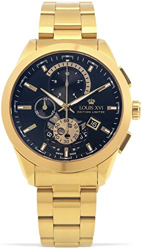 LOUIS XVI Herren-Armbanduhr Libérale Stahlband Gold Schwarz Chronograph Analog Quarz Edelstahl 984