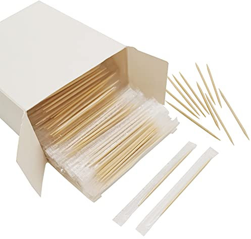 BLUE TOP Palillos de dientes de madera de bambú envueltos individualmente en violonchelo de 2.5 pulgadas, paquete de 1000 palillos de aperitivos de alta clase, palillos de alimentos resistentes para