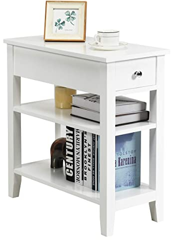 COSTWAY Beistelltisch mit Schublade und Ablage, 3-stöckiger Sofatisch aus Holz, schmaler Nachttisch Kaffeetisch für Wohnzimmer Schlafzimmer, 60 x 28,5 x 61 cm (Weiß)