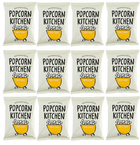 Popcorn Kitchen, Gourmet Popcorn, Simply Sweet, Hand Popped in a Kettle, Suitable for Vegans. Sharing Bags 12x 100g