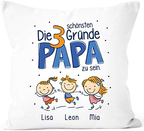 SpecialMe® Kissen-Bezug Die schönsten Gründe Papa zu Sein personalisiert mit Namen 1,2,3,4 Kinder Papa weiß 40cm x 40cm