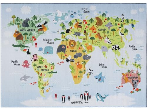 SIMPEX KinderTeppich, Weltkarte mit Tierdesign, Teppich Blau, 140 x 200 cm, Teppich für Kinder, Teppich Kinderzimmer