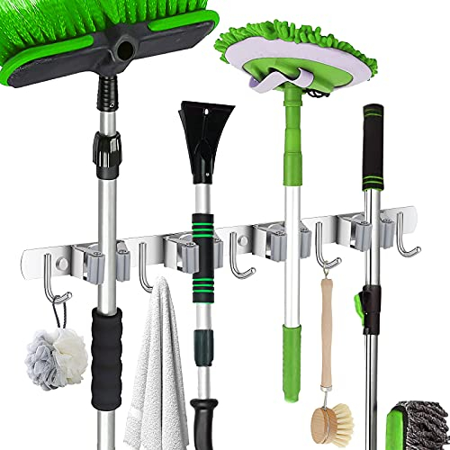 Broom and Mop Holder Wall Mount Heavy Duty Stainless Steel Broom Holder Wall Mounted Broom Organizer Home Garden Garage Storage Rack (4Racks)