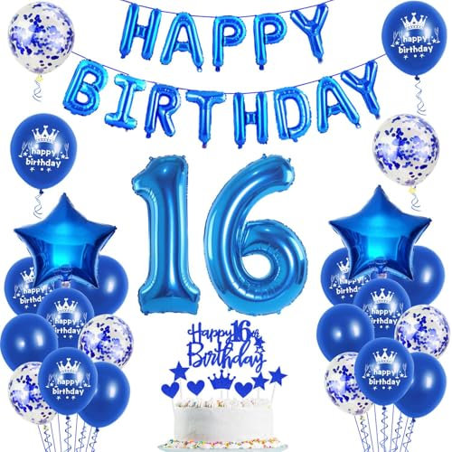 Luftballons 16. Geburtstag Dekoration junge blau happy birthday 16th Geburtstag Party Deko Set 16 geburtstag deko junge 16 jahre blau Folienballons