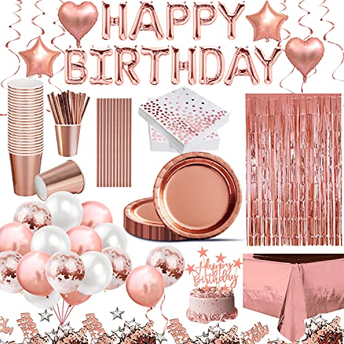 iZoeL 30 Invités Decoration Anniversaire Femme Fille Rose, Vaisselle Jetable Anniversaire, Ballons Anniversaire Nappe Rideau Ballons Confettis, Assiettes Papier Tasses Serviette Pailles - Or Rose