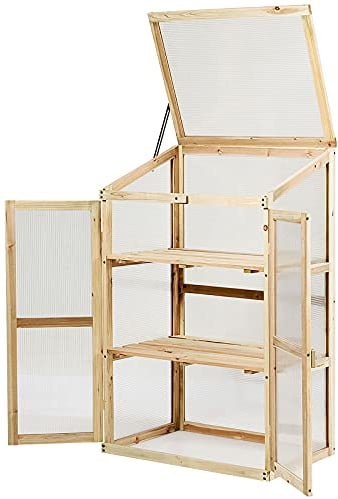 GIANTEX Serra da Balcone in Legno di Abete, Piccola Serra per Piante, Mini Serra in Policarbonato Trasparente, Giardino e Terrazzo, con Luce Adeguata, Naturale