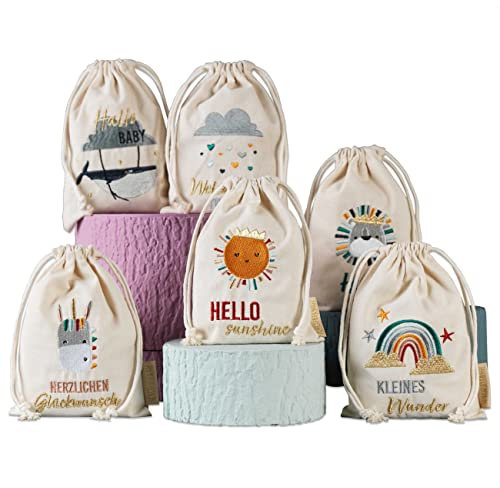 Papierdrachen 6 Geschenksäckchen zum Geburtstag - zur Geburt - aus Baumwolle - wunderschön und hochwertig bestickt - ideal zum Verpacken von Geschenken - Größe 13x8 cm mit Zugband