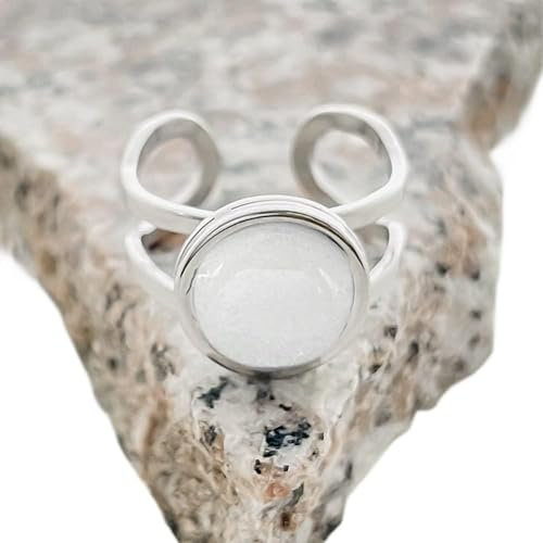 SLEA Ring Verstellbar,Weißer Jade-Stein, Natürlicher Kristall, Vintage, Ringe, Hohl, Doppellagig, Silber, Offene Ringe, Stapelbar, Reiki-Balance, Fingerringe, Schmuck, Hochzeitsgeschenk F